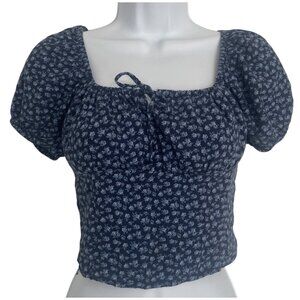 Hollister Floral Smocked Puff Sleeve Crop Top Navy Blue XS Milkmaid